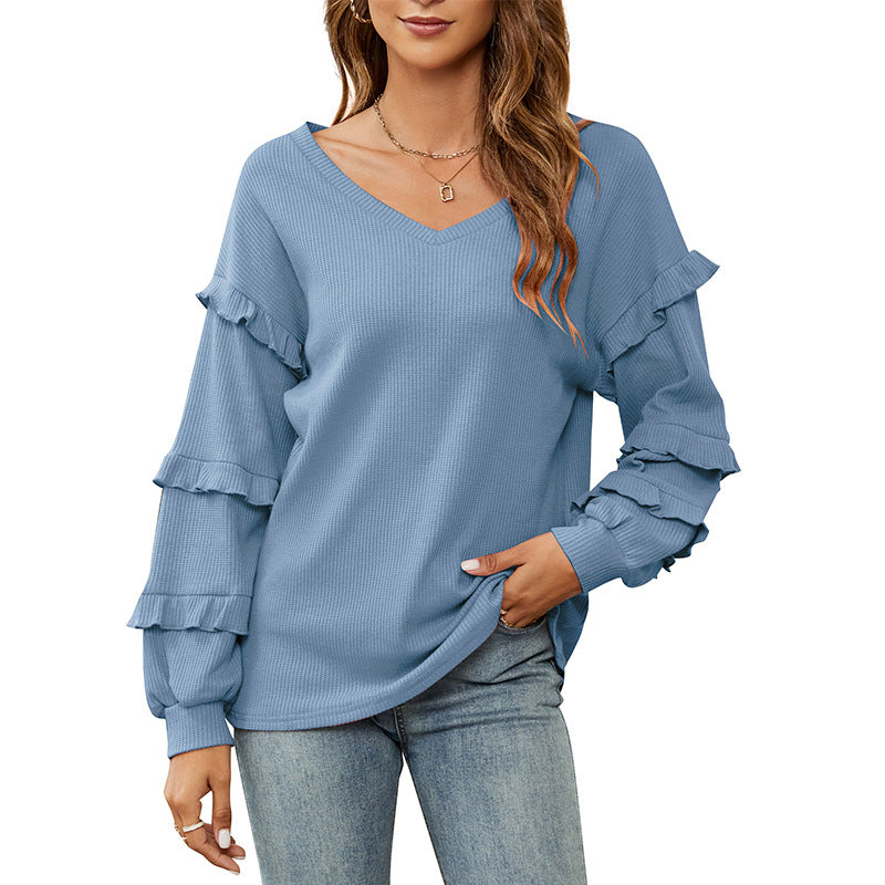 Top Autumn And Winter New Women's Waffle V-Neck Ruffled Lantern Sleeve Top - Mammalook