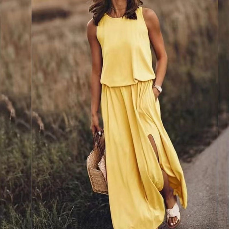 Solid color round neck sleeveless suspender lantern split dress - Mammalook