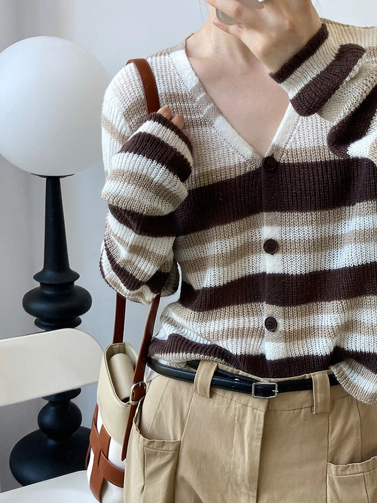 Blue Striped Thin Knitting Cardigan Sweater Loose Fit V-Neck Long Sleeve Women New Fashion Trend Autumn Winter - Mammalook