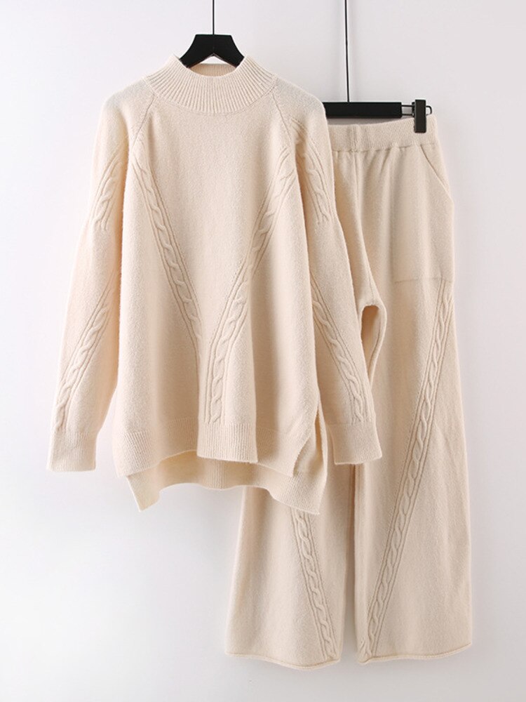 Woman Knitted Suit Hemp Pattern Irregular Thick Pullover Sweater Wide Leg Pants Casual Style New Autumn Fashion - Mammalook