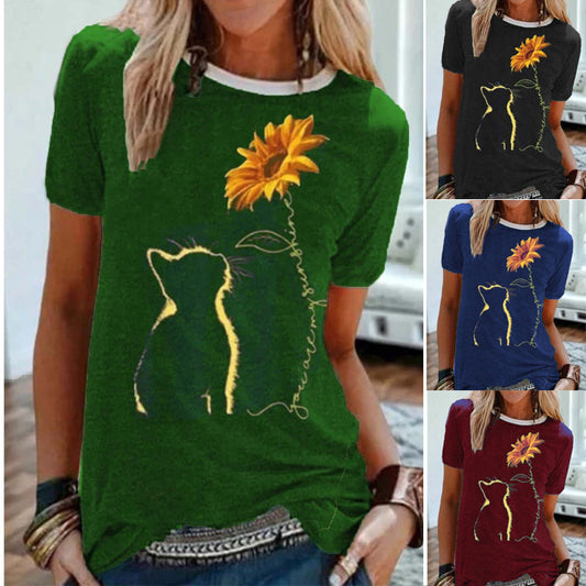 Cat Sunflower Print Short Sleeve T-Shirt Women