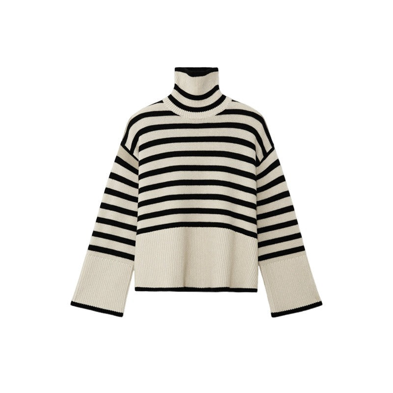 Versatile Knitting Turtleneck Striped Pullover Sweater For Women Long Sleeve Female Simplicity Clothing - Mammalook