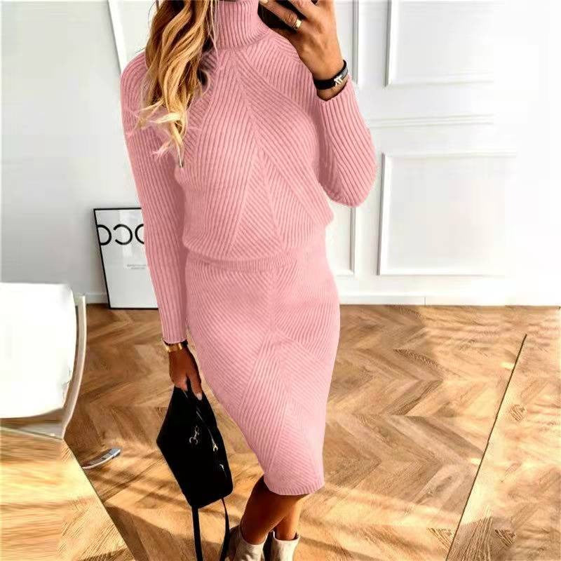 High necked knitted solid color pullover sweater set skirt - Mammalook