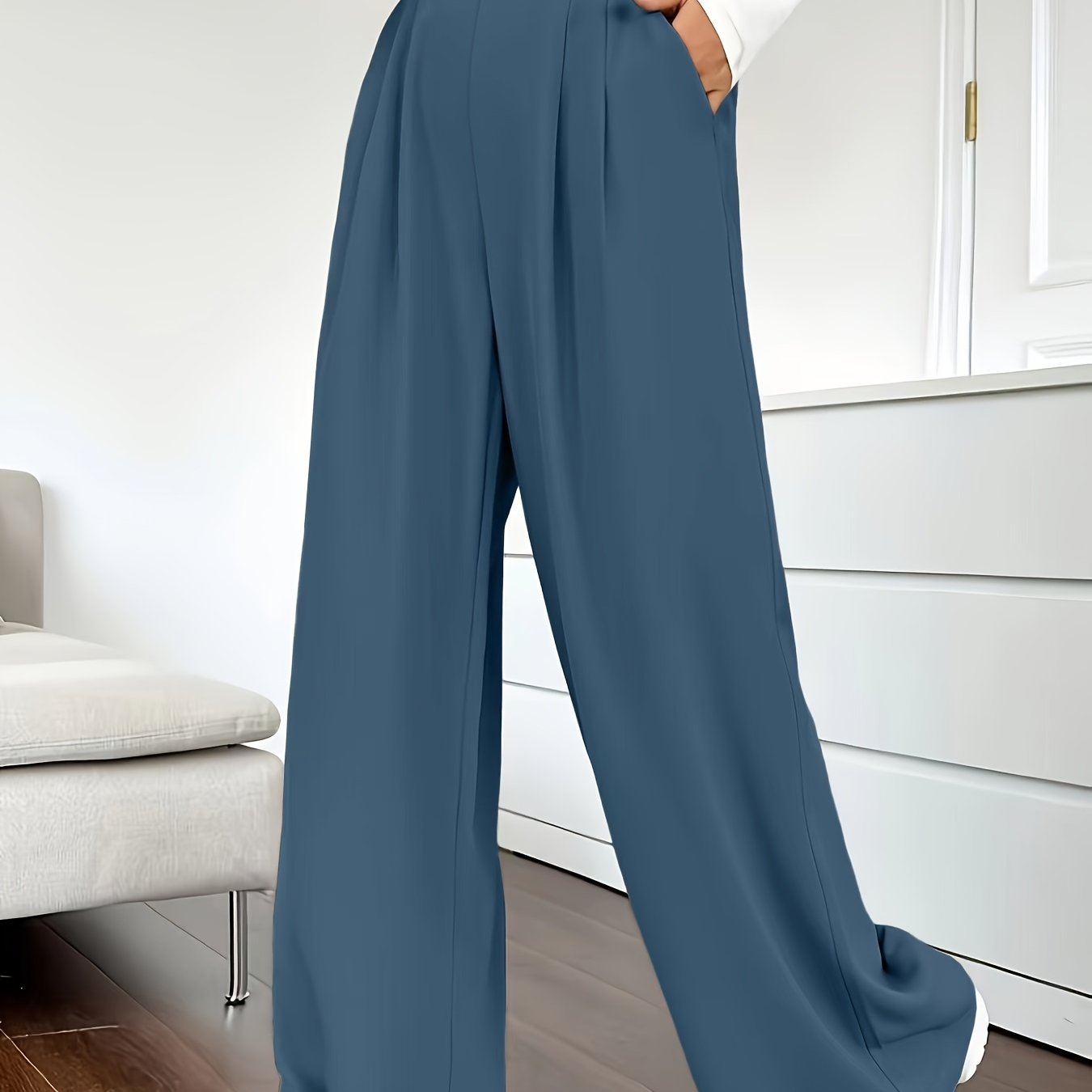 Solid Color High Waist Pants, Elegant Dual Pockets Wide Leg Pants For Spring & Summer, Women's Clothing - Mammalook