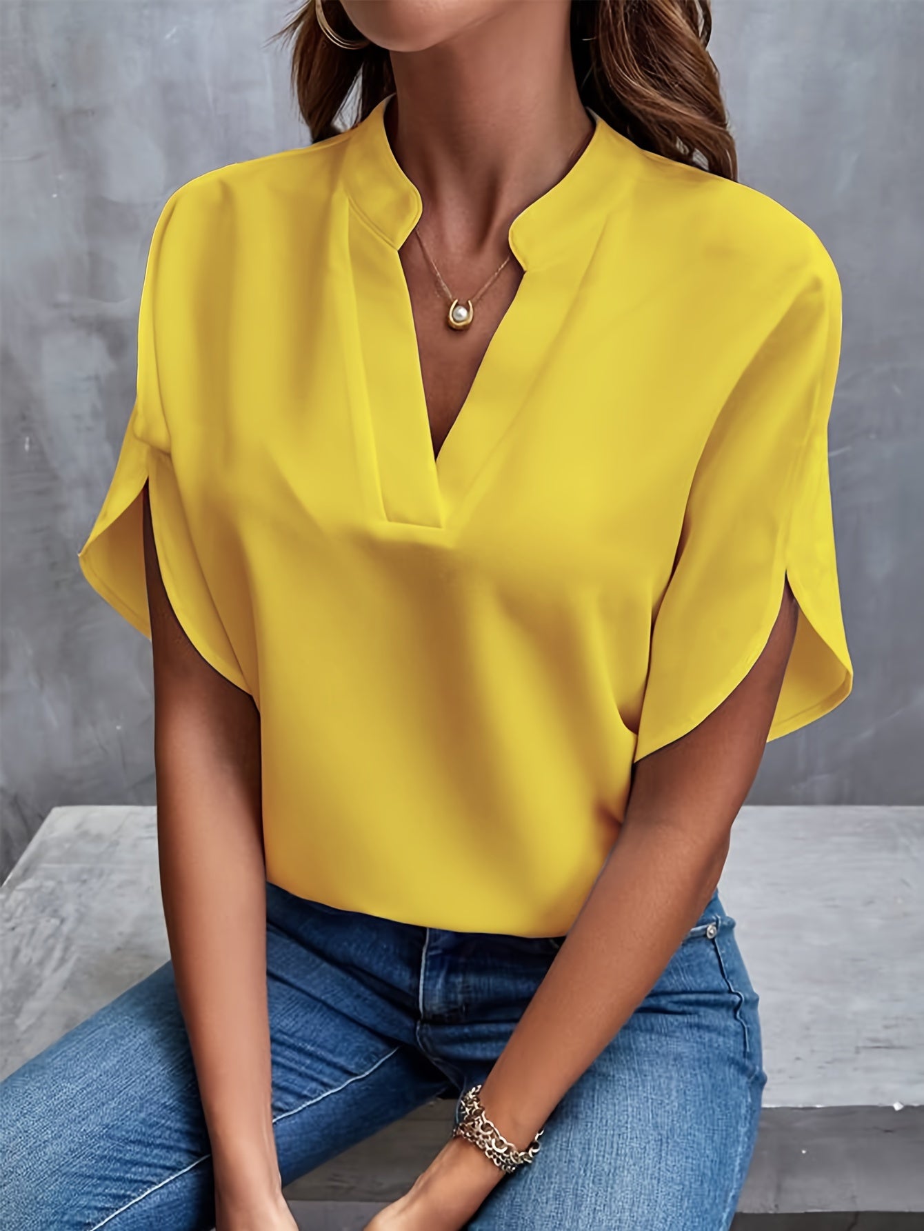 Solid Color Notch Neck Blouse, Casual Short Split Sleeve Blouse For Spring & Summer, Women's Clothing - Mammalook