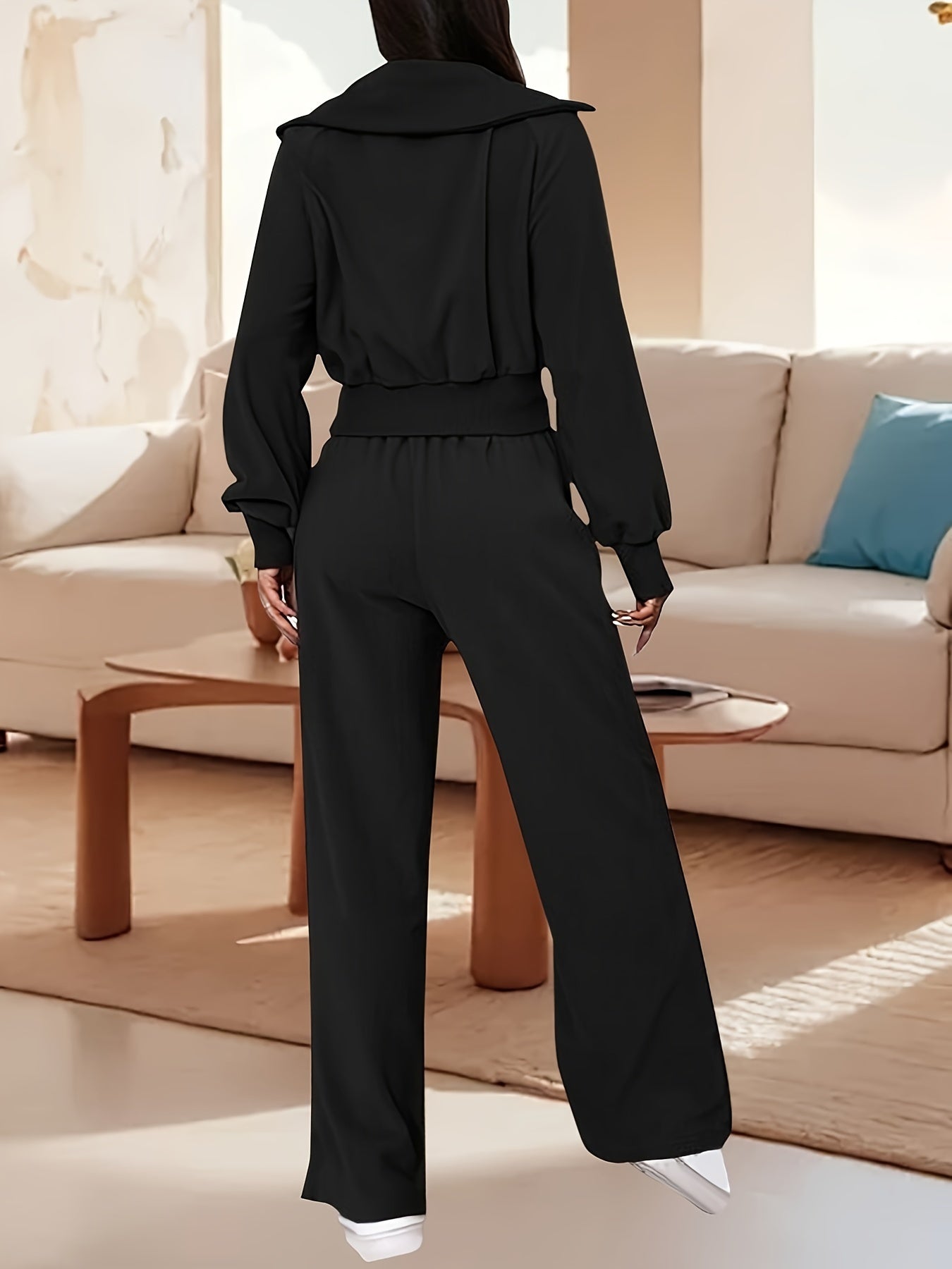 Zipped Solid Color Stylish Set, Long Sleeve Crop Sweatshirt & Drawstring Waist Straight Leg Pants, Women's Clothing - Mammalook