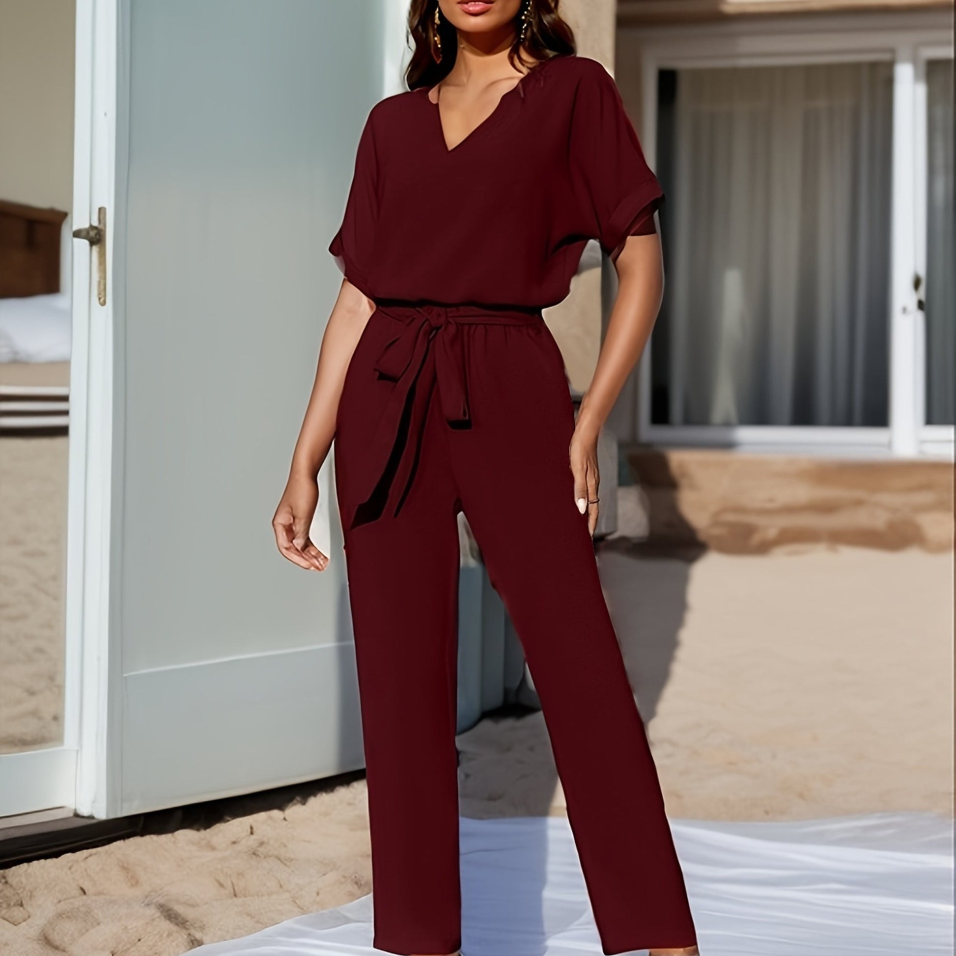 Elegant Solid Color Pants Set, Notched Neck Short Sleeve Blouse & Belted Straight Leg Simple Pants, Women's Clothing - Mammalook