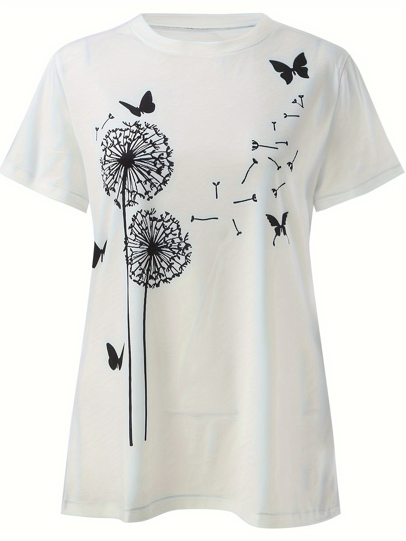 Dandelion & Butterfly Print T-Shirt, Casual Crew Neck Short Sleeve Top For Spring & Summer, Women's Clothing - Mammalook