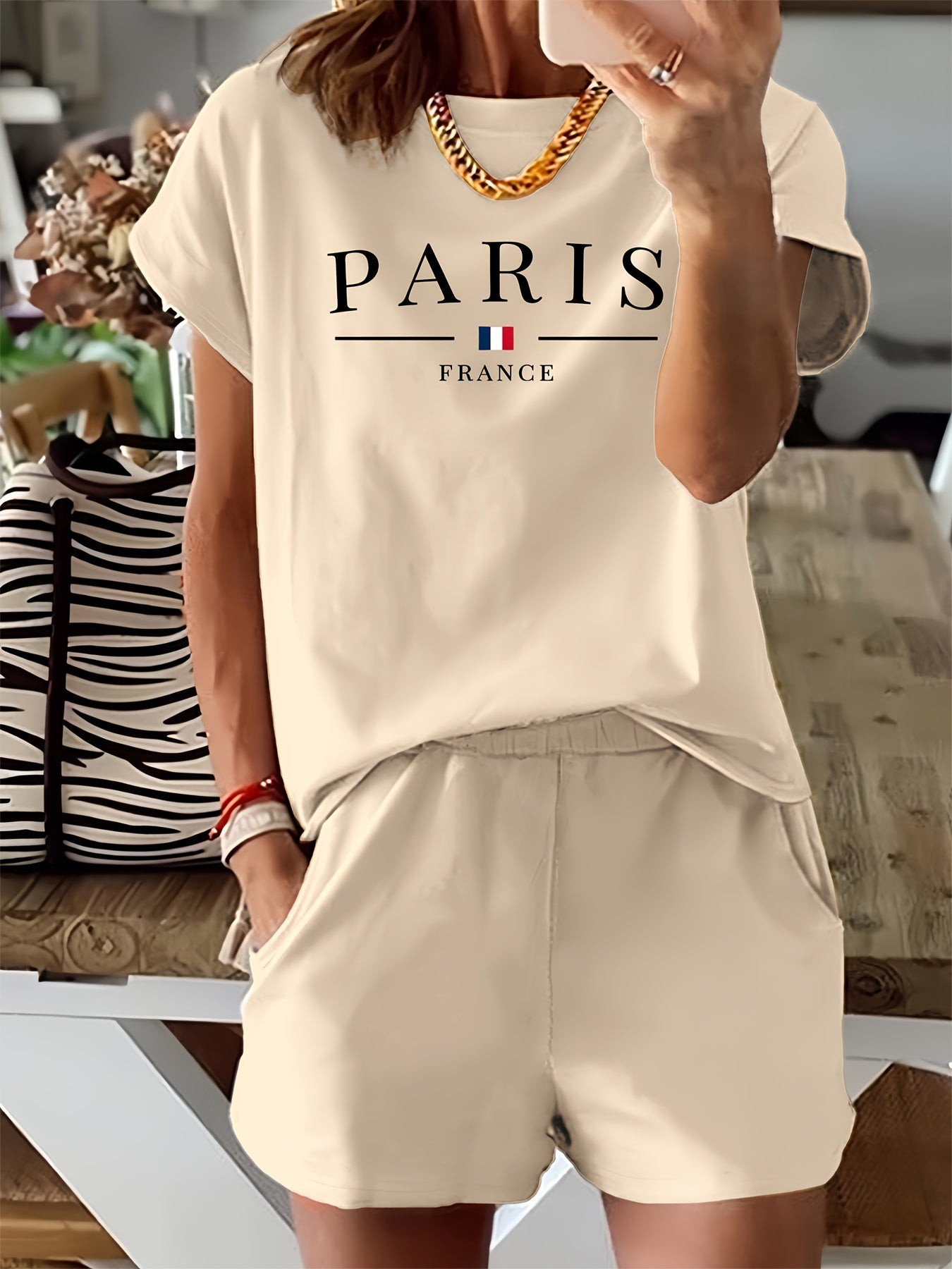 Women's Casual Two-Piece Set: 'Paris' Print Crew Neck Short Sleeve T-Shirt & Elastic Waist Slant Pocket Shorts - Mammalook