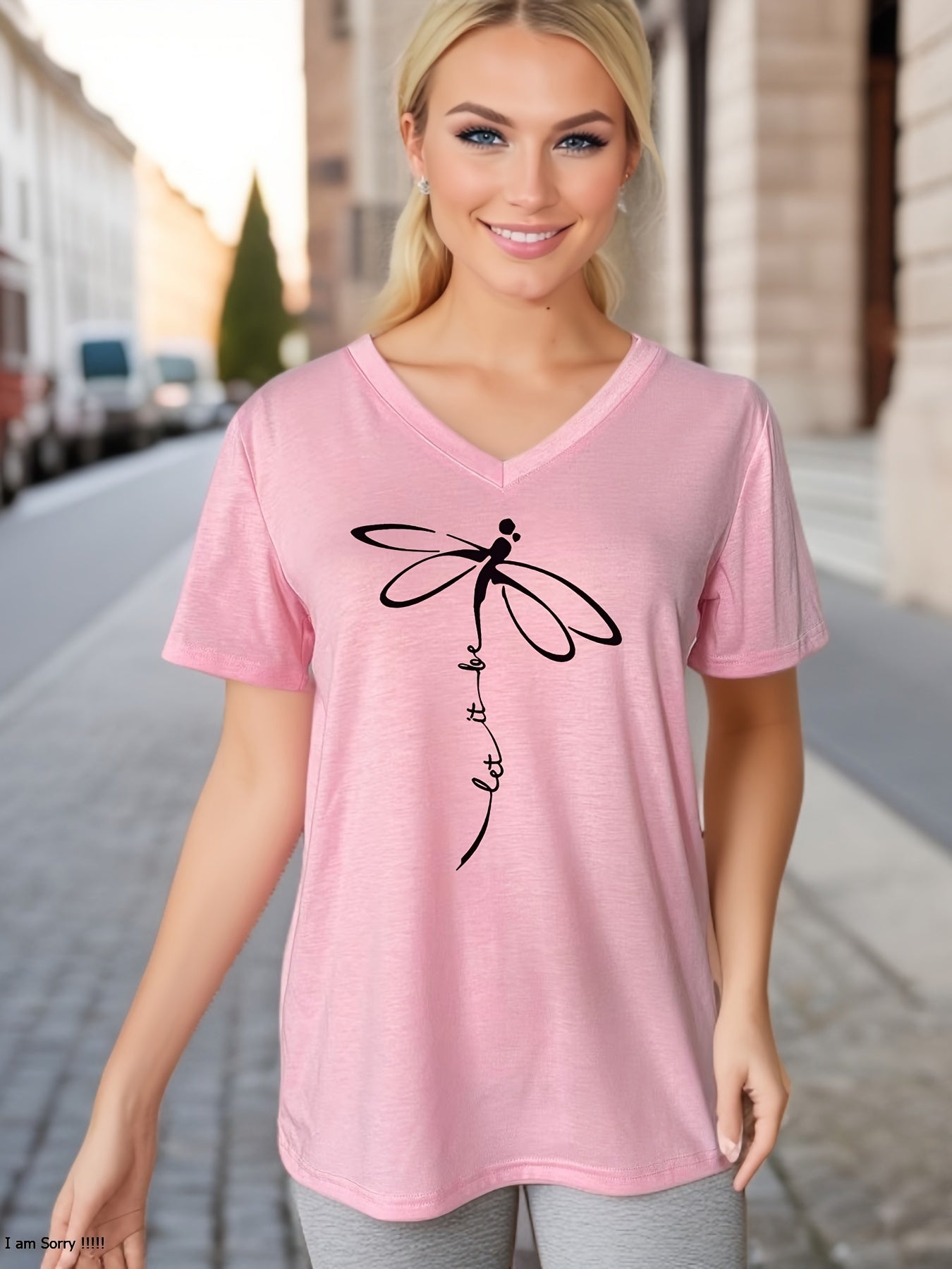 Dragonfly & Letter Print V Neck T-shirt, Casual Short Sleeve T-shirt For Summer, Women's Clothing - Mammalook