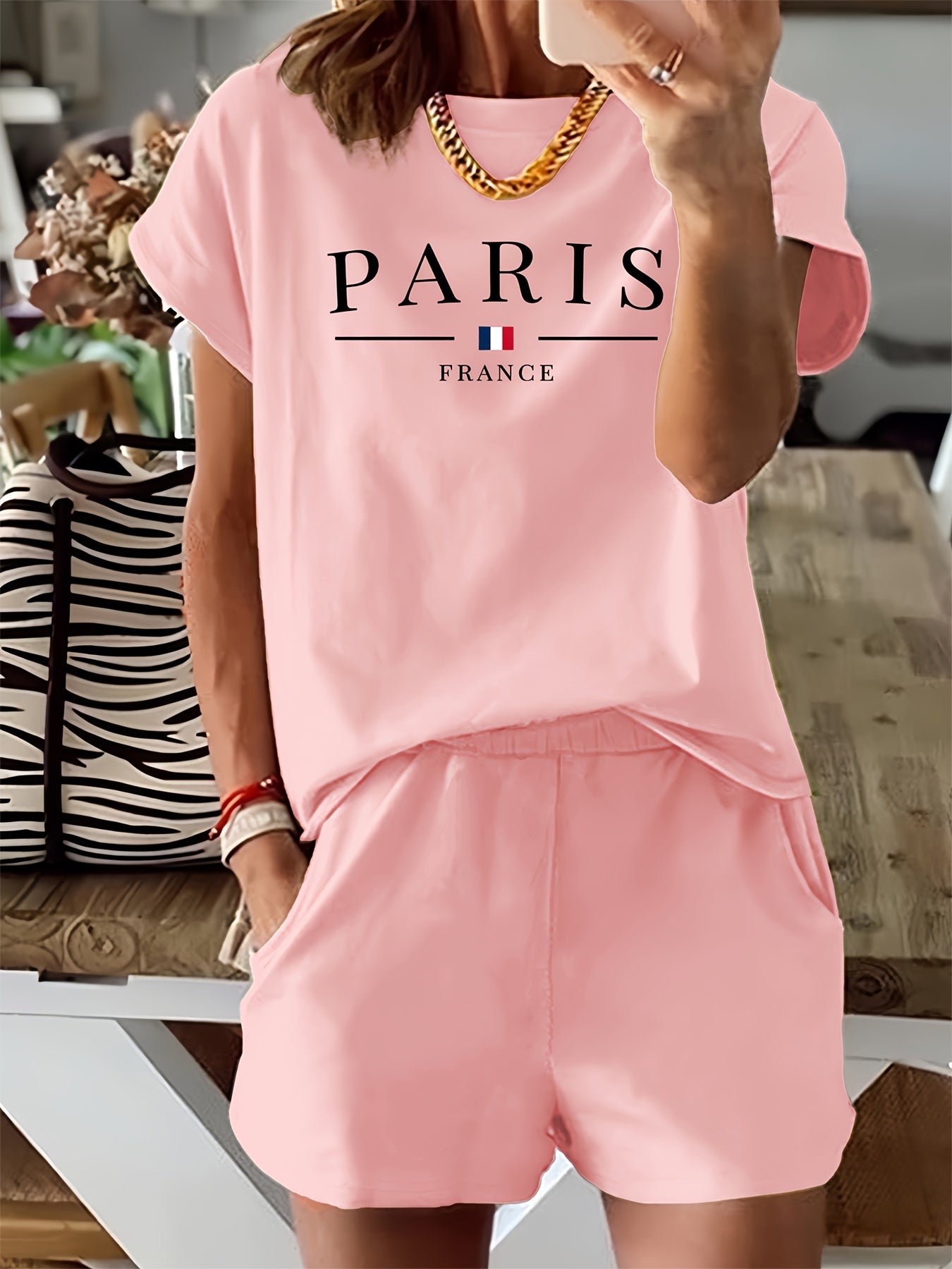 Women's Casual Two-Piece Set: 'Paris' Print Crew Neck Short Sleeve T-Shirt & Elastic Waist Slant Pocket Shorts - Mammalook