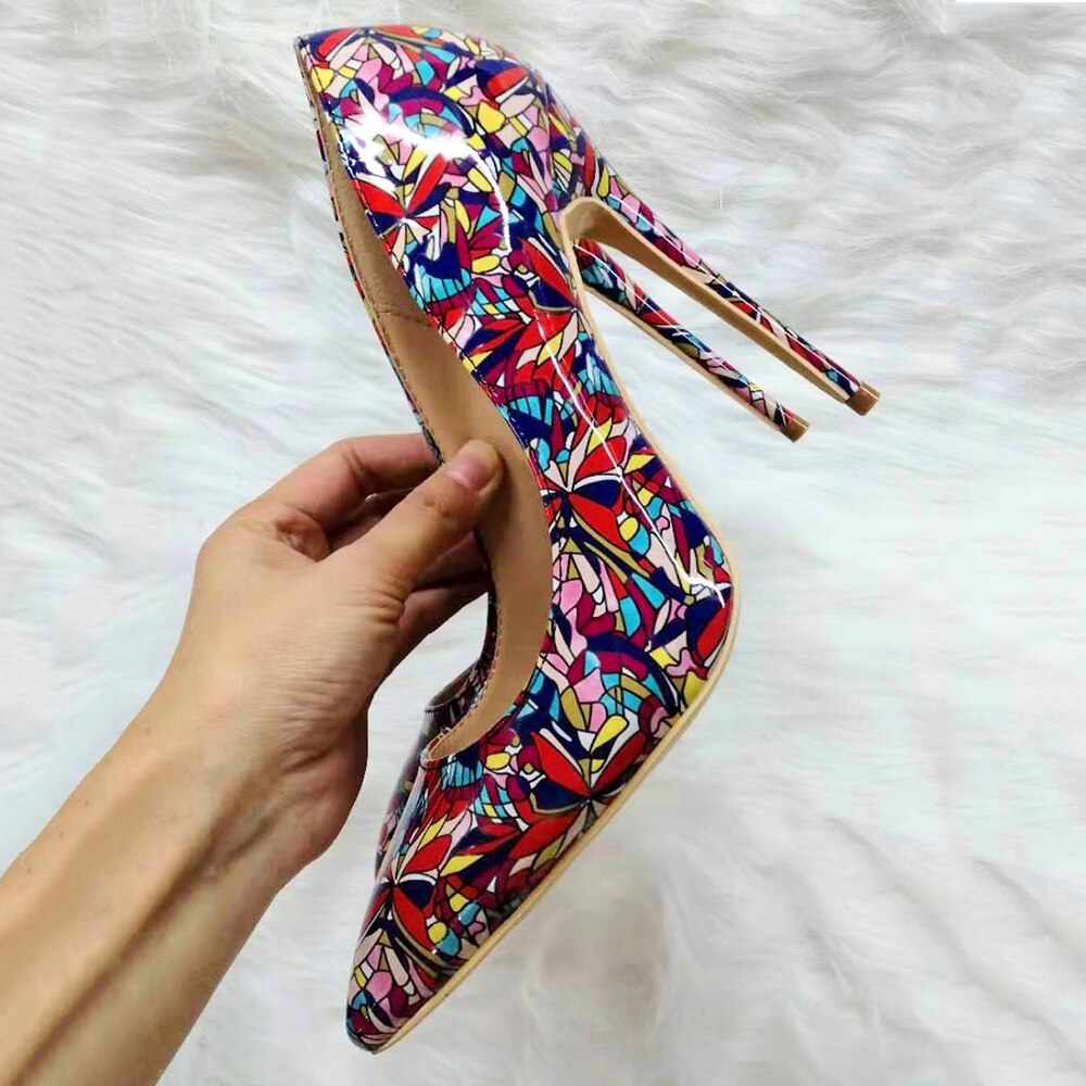Tikicup Black Graphic Printed Women Pointy Toe High Heel Shoes Ladies Slip On Stiletto Pumps Plus Size 43 44 45 8cm 10cm 12cm - Mammalook