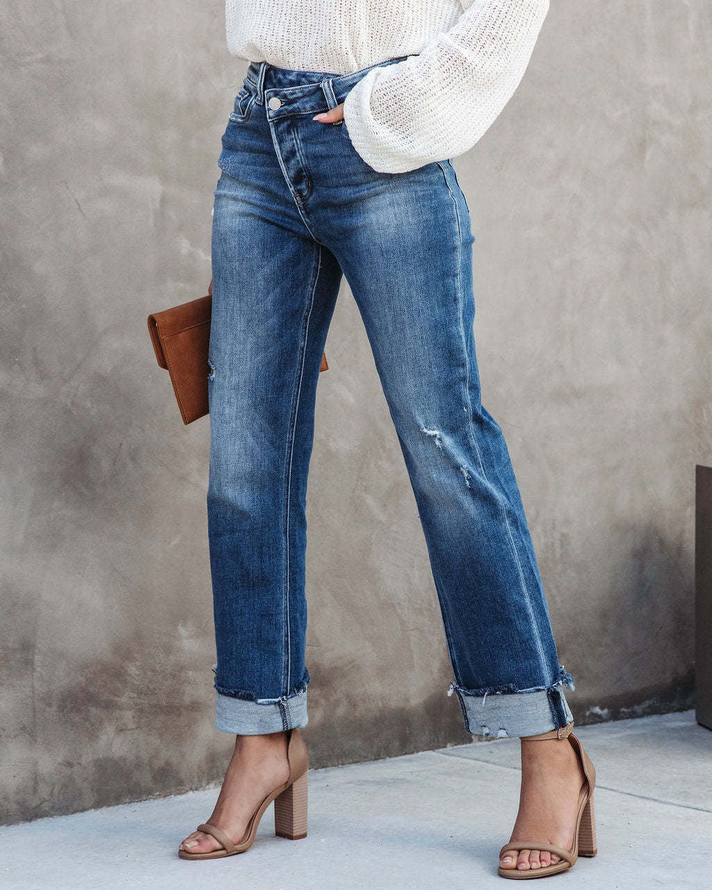 High Waist Button Splicing Straight Jeans Women Fashion Urban Casual Commuter Denim Pants Ladies Broken Holes Trousers Washable - Mammalook