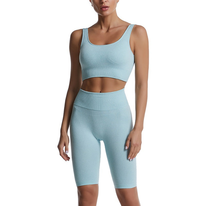 Threaded Yoga Suit Sportswear Summer Short-Sleeved Shorts Bra Tight-Fitting Clothes - Mammalook