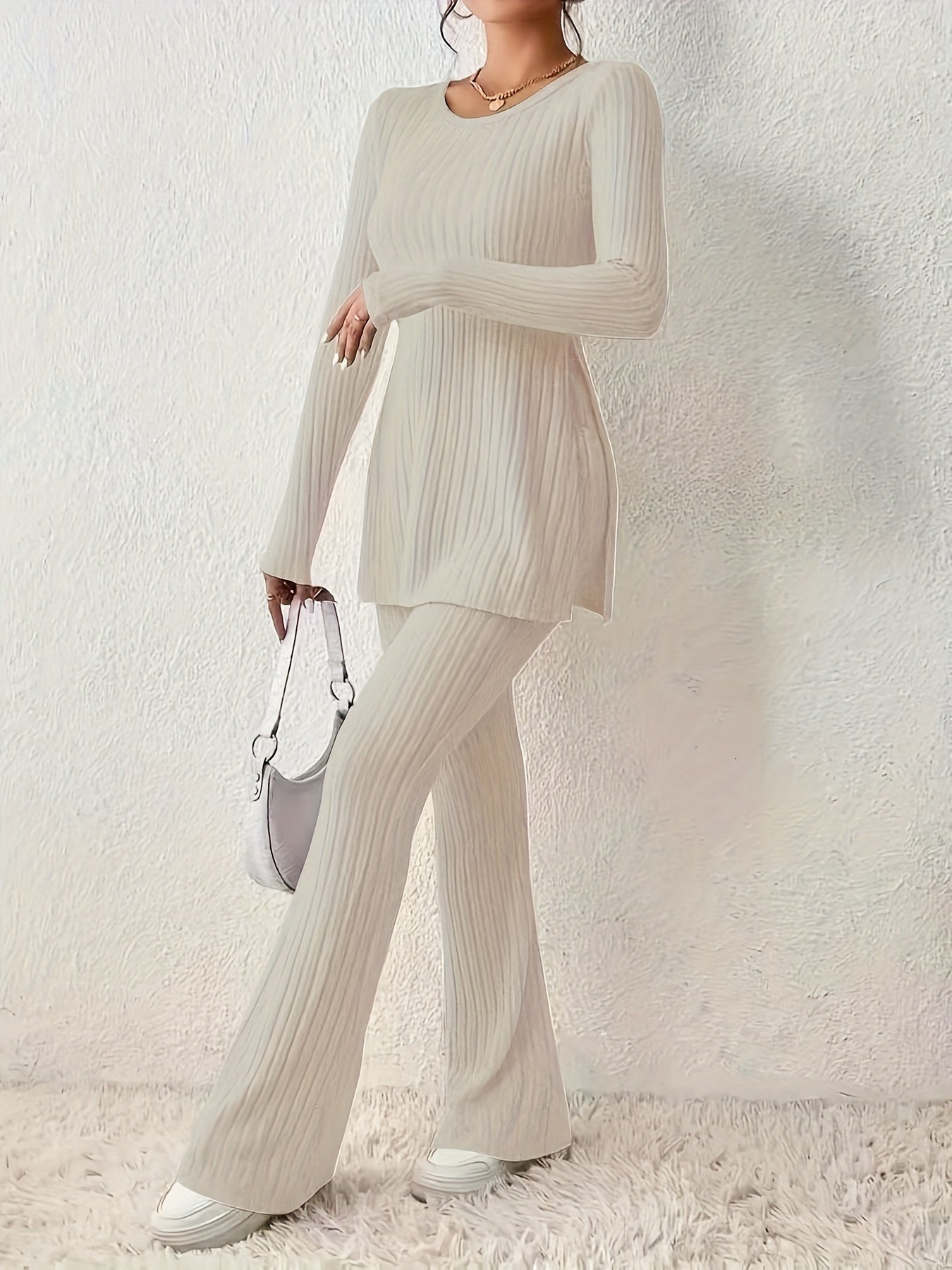 Ribbed Solid Two-piece Set, Split Crew Neck Long Sleeve Tops & Flared Leg Pants Outfits, Women's Clothing - Mammalook