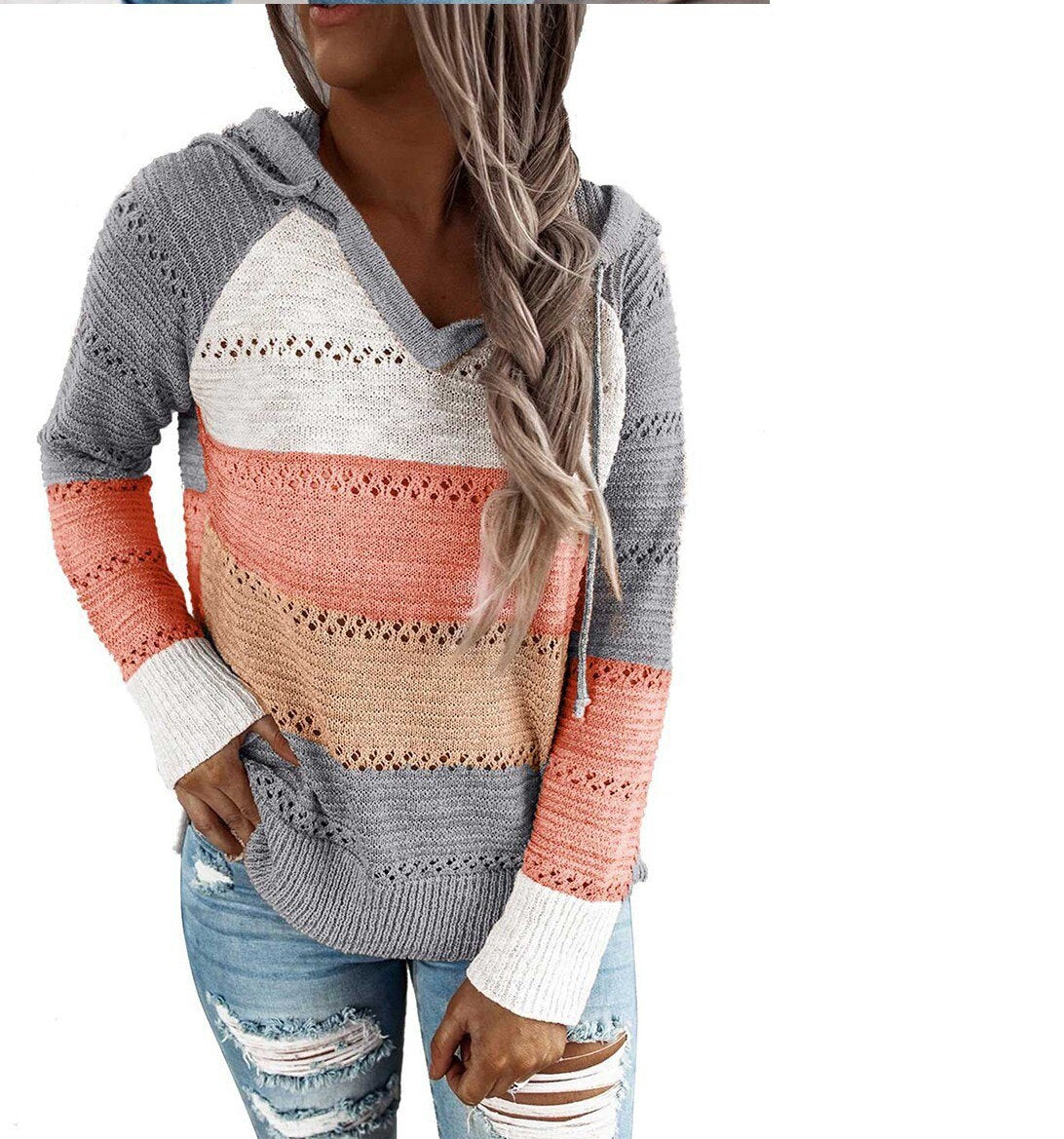 Autumn Winter Sweaters Women Hollow Long Sleeve Sweater Hoodie Tops V Neck Patchwork Casual Knitted Elegant Pullover Jumper - Mammalook