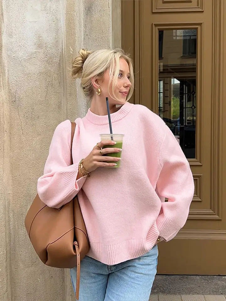 Round Neck Barbie Pink Loose Casual Pullover Sweater - Mammalook