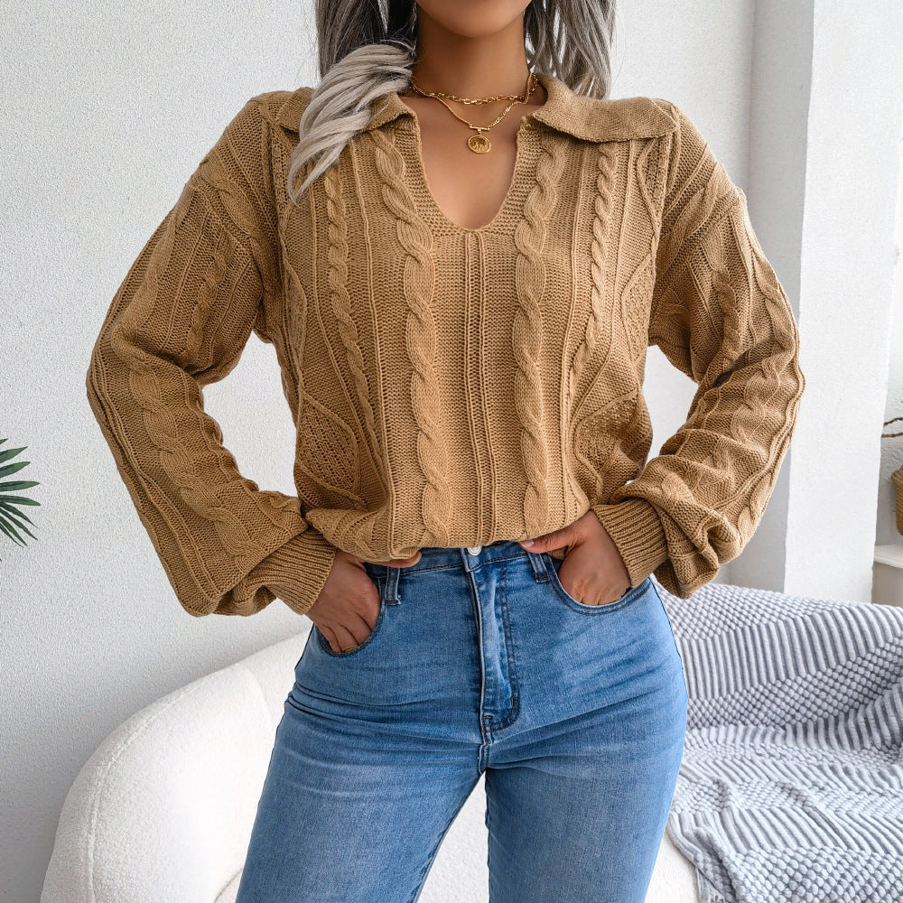 Casual Lapel Knitting Sweater with Fried Dough Twist and Lantern Sleeves - Mammalook