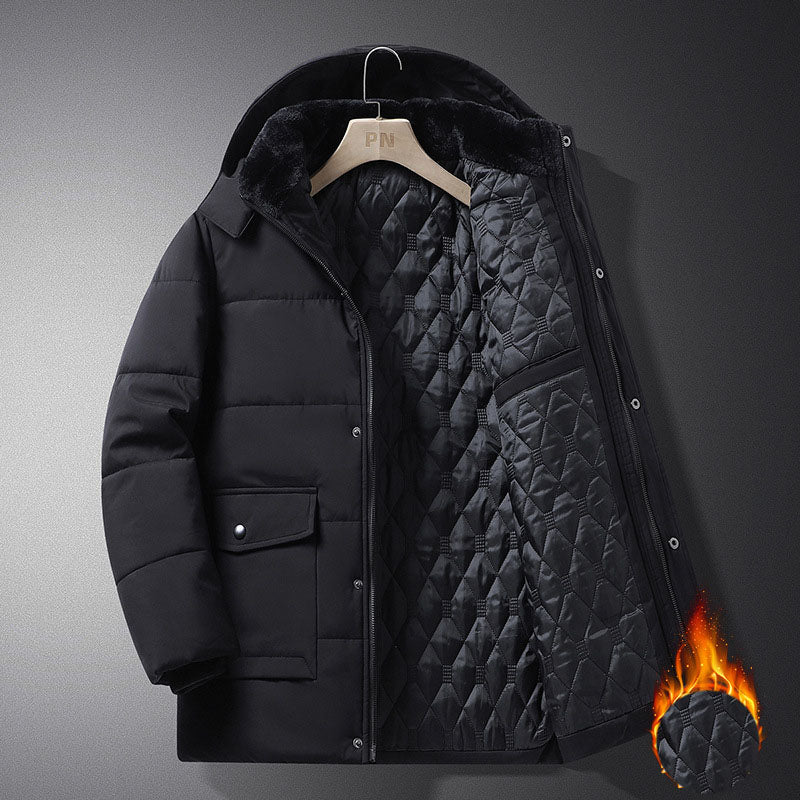 Men’s Winter Hooded Coat – Thickened Warm Cotton, Windproof & Business Casual