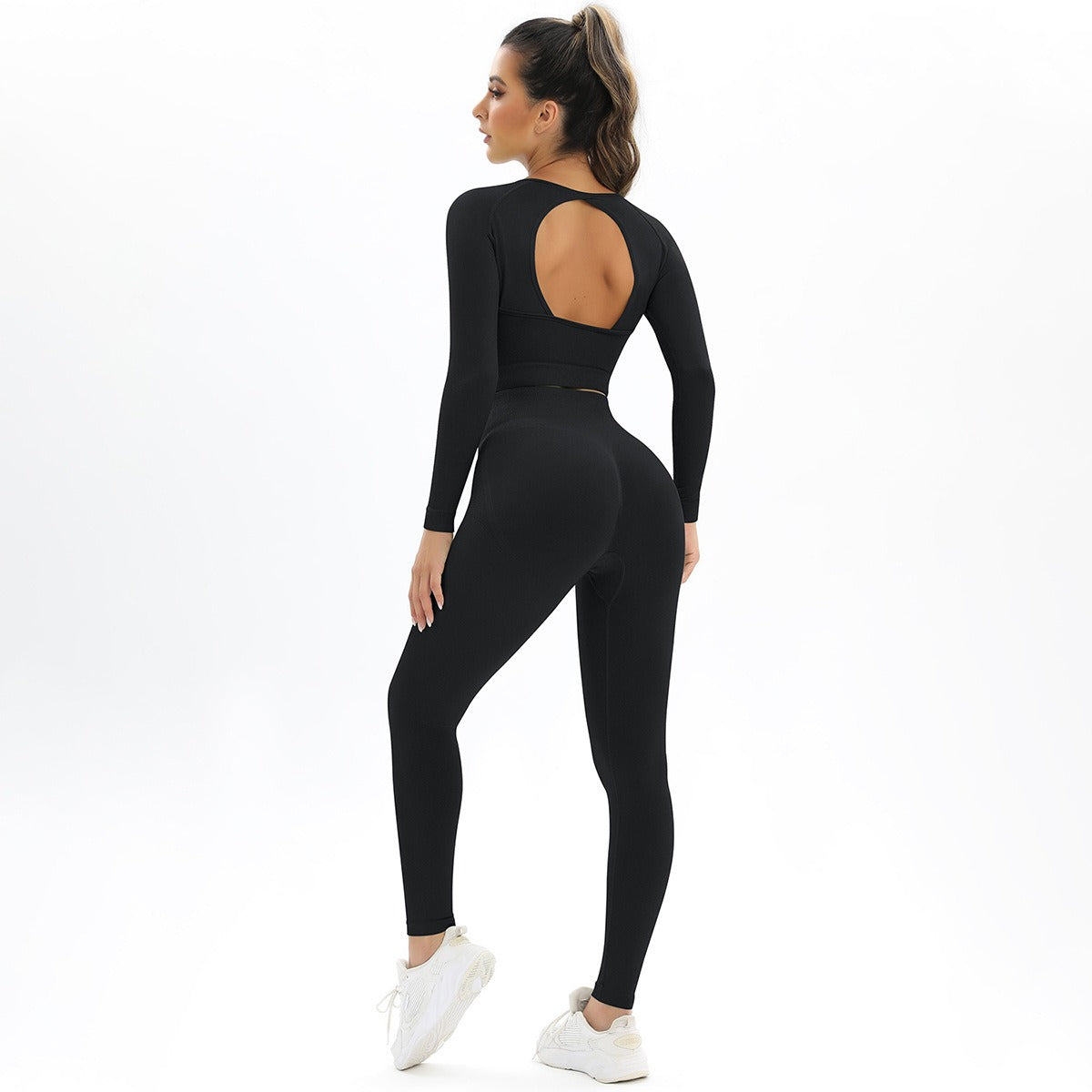 Peach Seamless Knitting Backless High Elastic Long Sleeve Yoga Suit Sports Running Fitness Two-Piece Set For Women - Mammalook