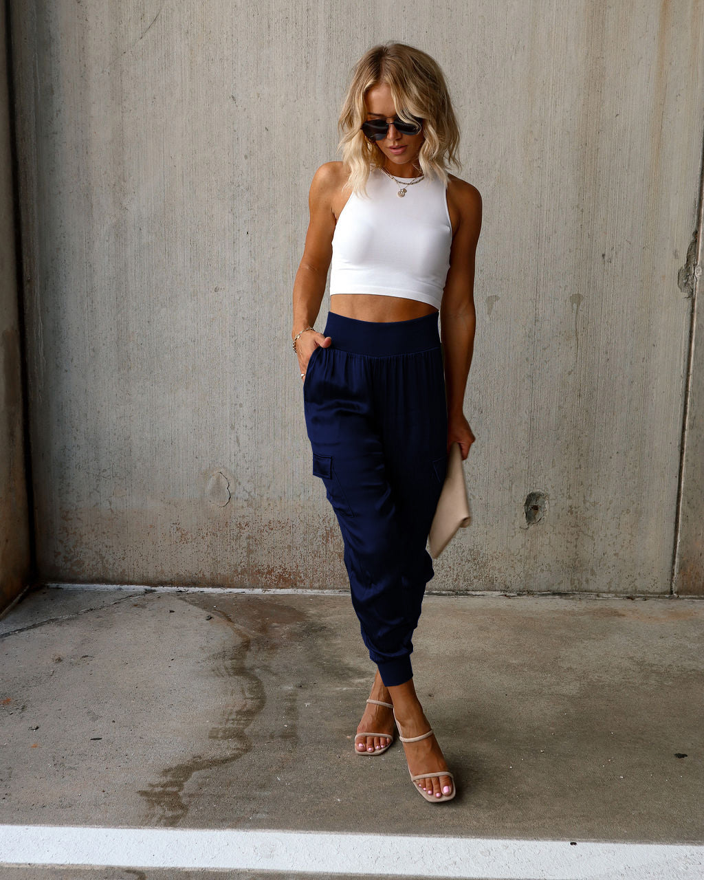 Autumn satin elastic waist pocket fashionable women's long pants casual pants - Mammalook