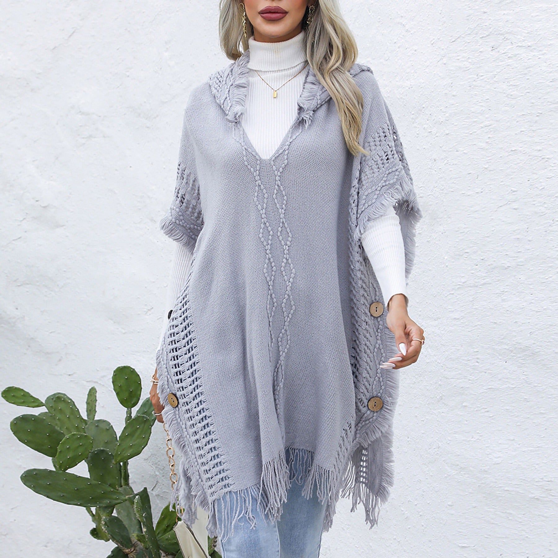 Women's casual loose V-necktie hat pullover medium length sweater vest cape top jacket - Mammalook