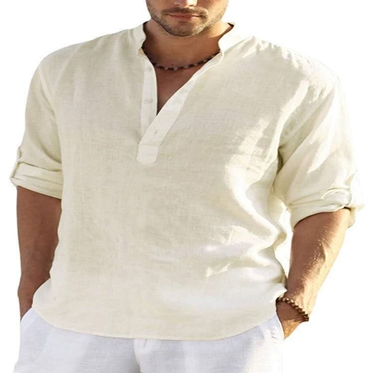 Mens Linen Long Sleeved T Shirt Loose Sweatshirt Solid Color Long Sleeved Cotton Linen Shirt Mens Large - Mammalook