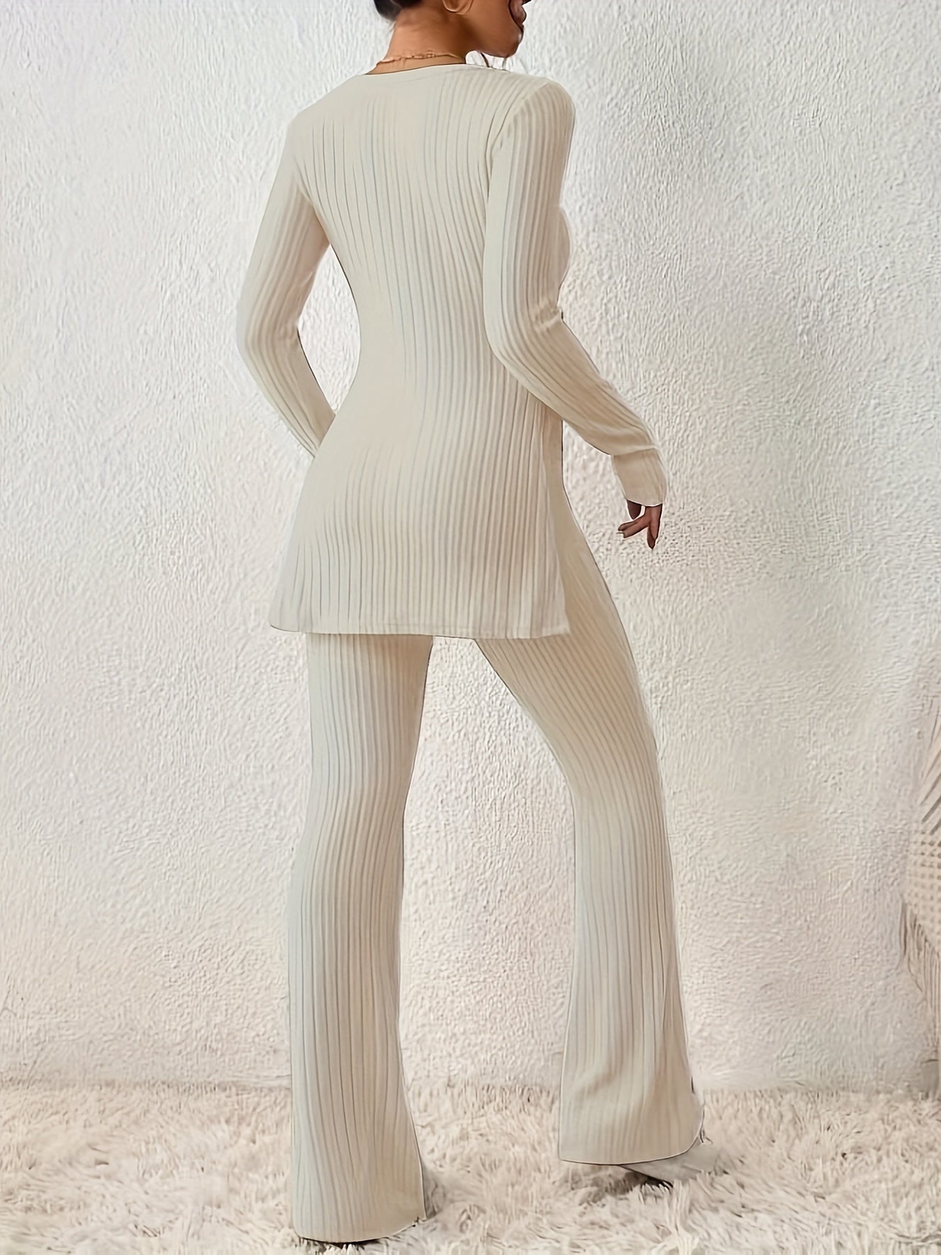 Ribbed Solid Two-piece Set, Split Crew Neck Long Sleeve Tops & Flared Leg Pants Outfits, Women's Clothing - Mammalook