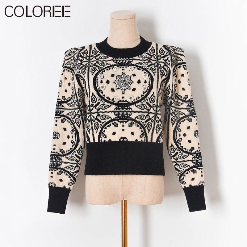 Vintage Jacquard Beading Sweaters for Women Fashion 2022 Autumn Winter Clothes Runway Designer Pull Femme Suéter De Navidad - Mammalook