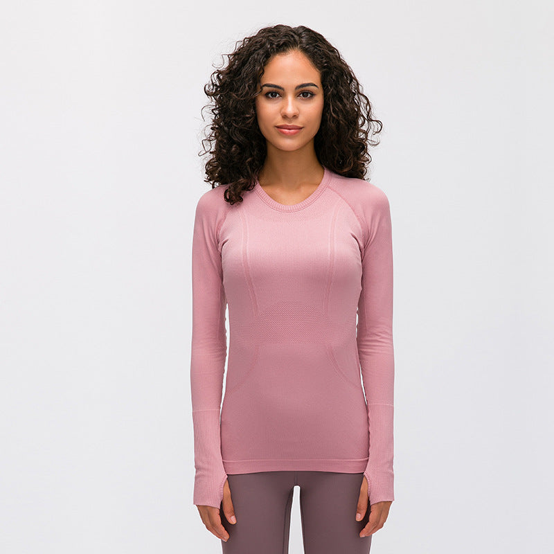 New Women's Long Sleeve Round Neck Sports T-shirt Running Fitness Top Slim Breathable Yoga Clothing - Mammalook