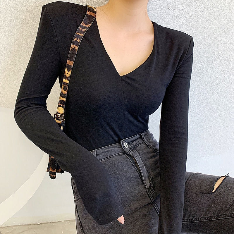 Basic Korean Style Shoulder Pads Sexy Lady Women's Spring Autumn T-shirt Short Tops - Mammalook