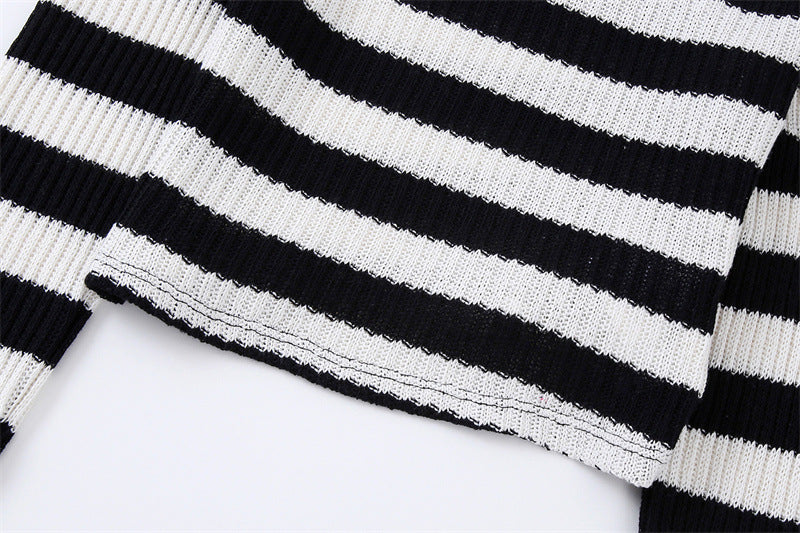 Autumn Women's Black And White Striped Top+Elastic Knitting Skirt Suit - Mammalook