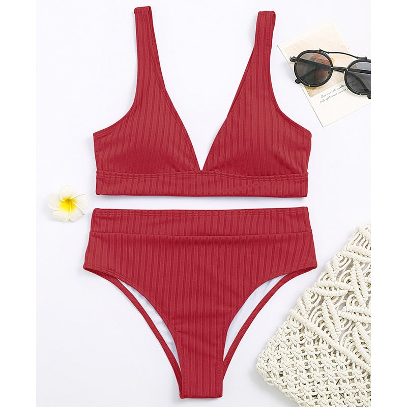 Peachtan Sexy solid ribbed bikinis 2021 mujer High waist swimsuit women V neck swimwear female Sport bathing suit Stripe biquini - Mammalook