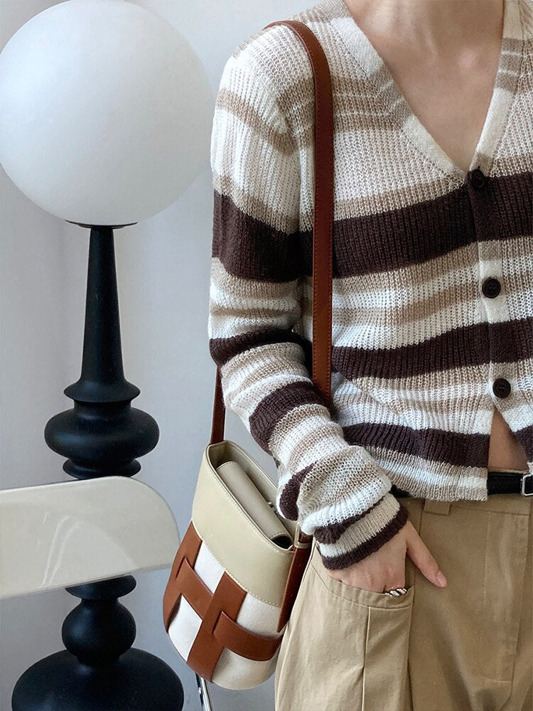 Blue Striped Thin Knitting Cardigan Sweater Loose Fit V-Neck Long Sleeve Women New Fashion Trend Autumn Winter - Mammalook