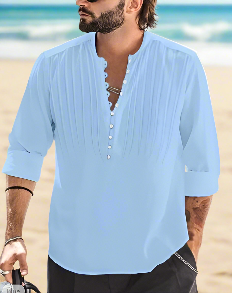 Cotton and Linen Mens Casual Button Round Neck Solid Standing Collar Shirt