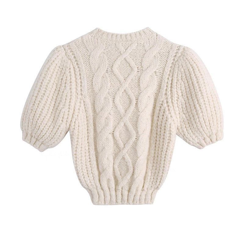 Winter New Style Simple Gentle Round Neck Bubble Sleeve Fried Dough Twist Solid Color Knitwear Women - Mammalook