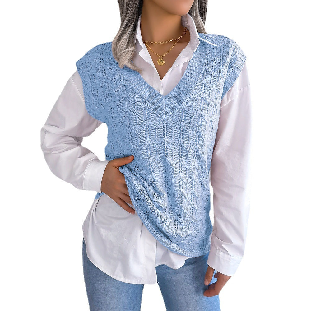Autumn Winter Solid Hollow Wave V-Neck Knit Tank Top Sweater - Mammalook
