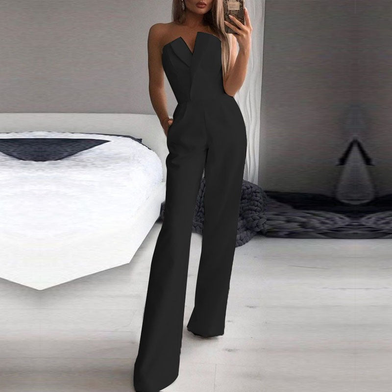 Jumpsuit with slanted collar and mid waist for a stylish commuting jumpsuit - Mammalook
