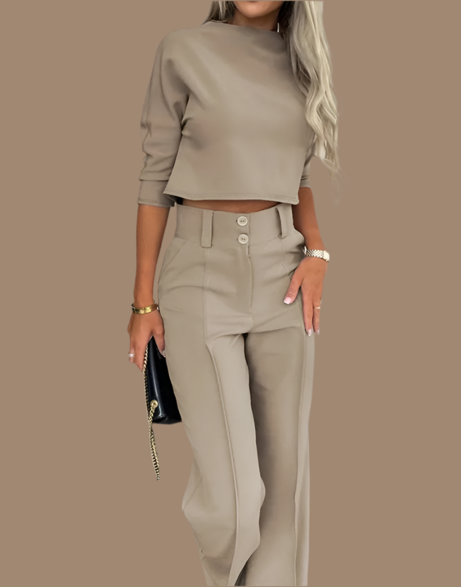 Small High Neck Fit Women's Set Solid Pocket Micro Horn Pants Set for office lady Outfits