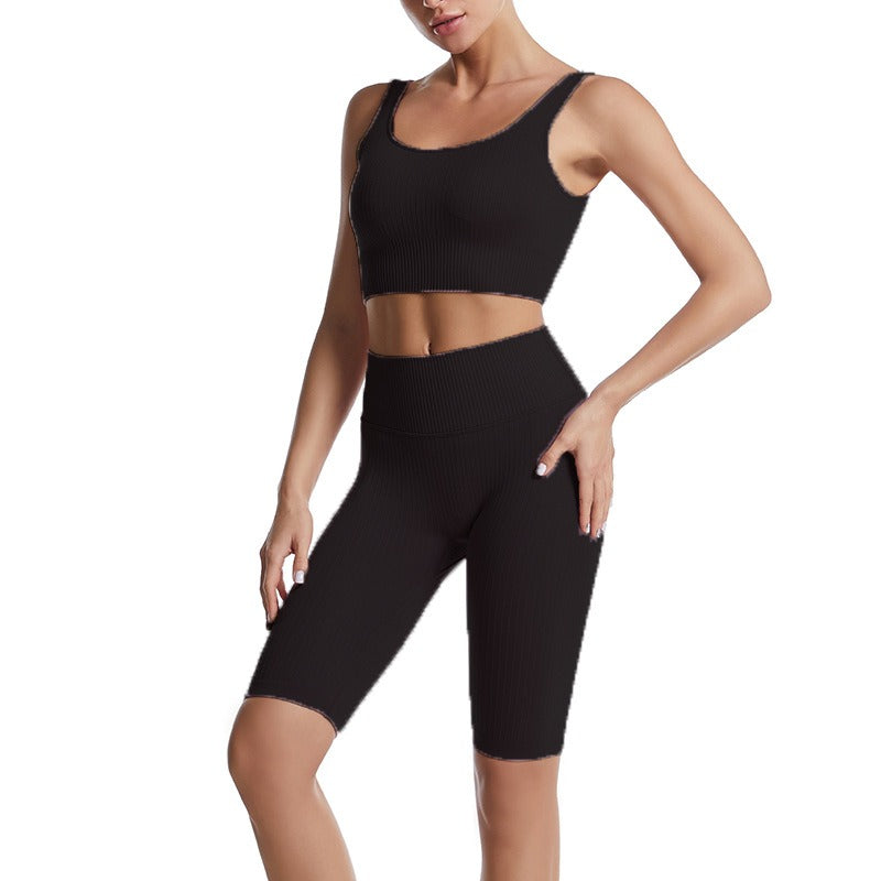 Threaded Yoga Suit Sportswear Summer Short-Sleeved Shorts Bra Tight-Fitting Clothes - Mammalook