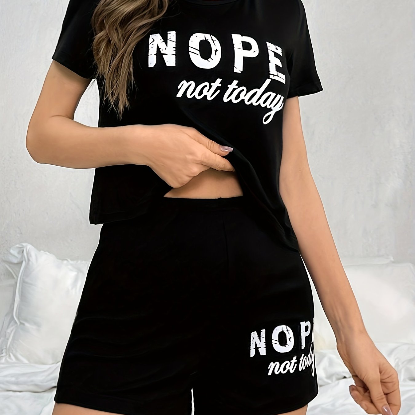 Slogan Print Lounge Set, Casual Short Sleeve Round Neck Top & Elastic Shorts, Women's Loungewear - Mammalook