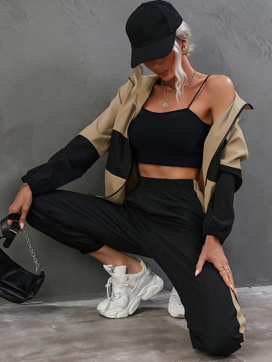 Color Block Stylish Set, Hooded Long Sleeve Zipped Jacket & Fitted Bottom Pants, Women's Clothing - Mammalook