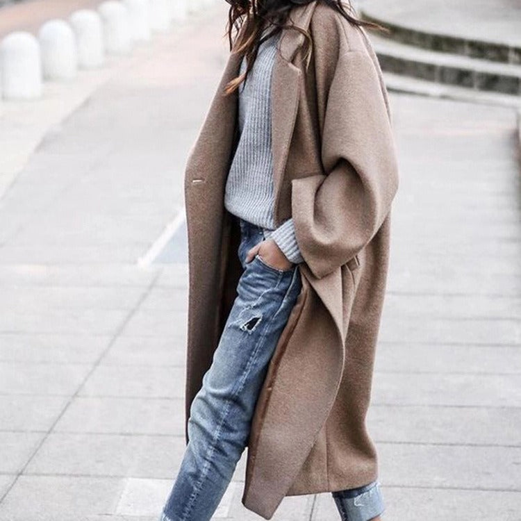 Women's Casual Long Solid Color Woollen Jacket - Mammalook