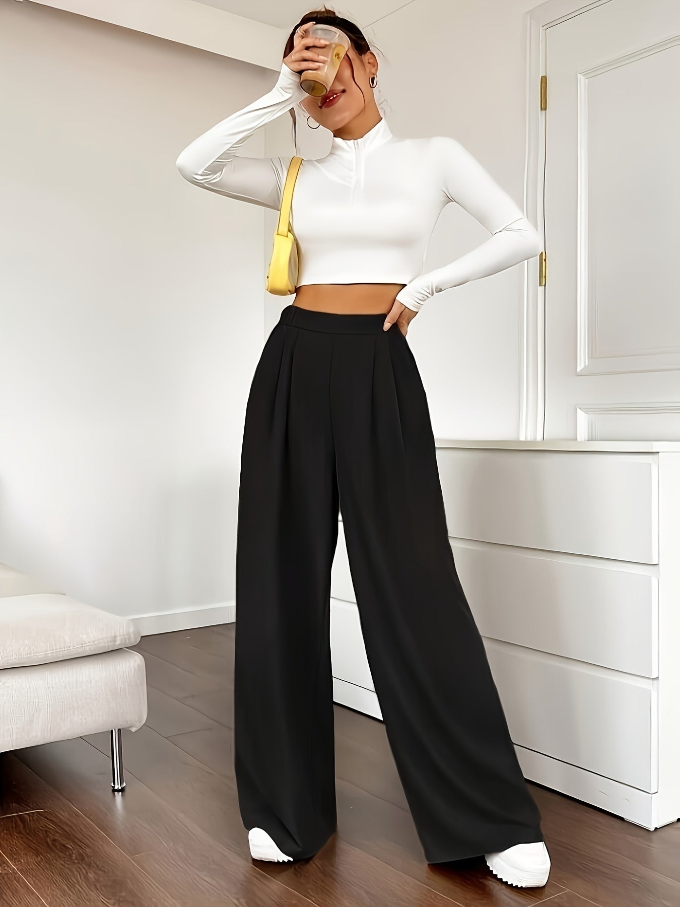 Solid Color High Waist Pants, Elegant Dual Pockets Wide Leg Pants For Spring & Summer, Women's Clothing - Mammalook
