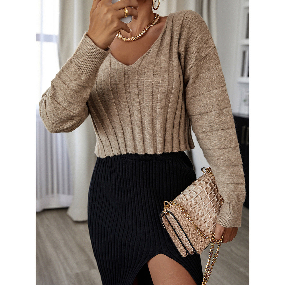 Stripe Solid V-Neck Knitwear for Women - Mammalook