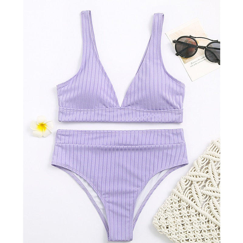 Peachtan Sexy solid ribbed bikinis 2021 mujer High waist swimsuit women V neck swimwear female Sport bathing suit Stripe biquini - Mammalook