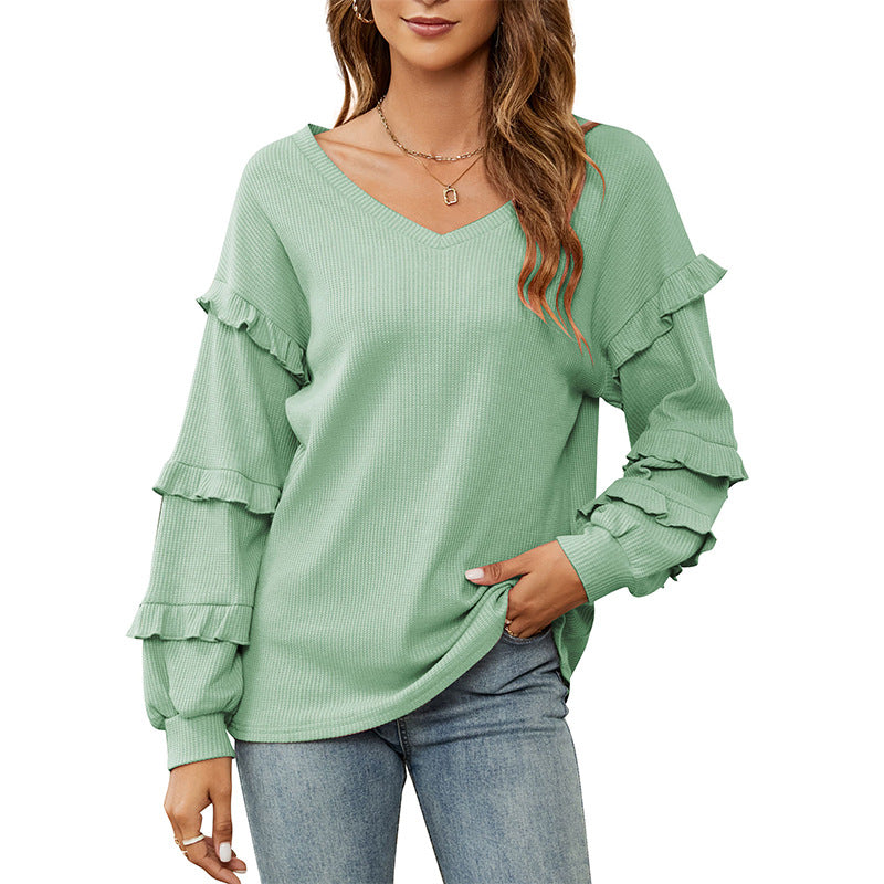 Top Autumn And Winter New Women's Waffle V-Neck Ruffled Lantern Sleeve Top - Mammalook
