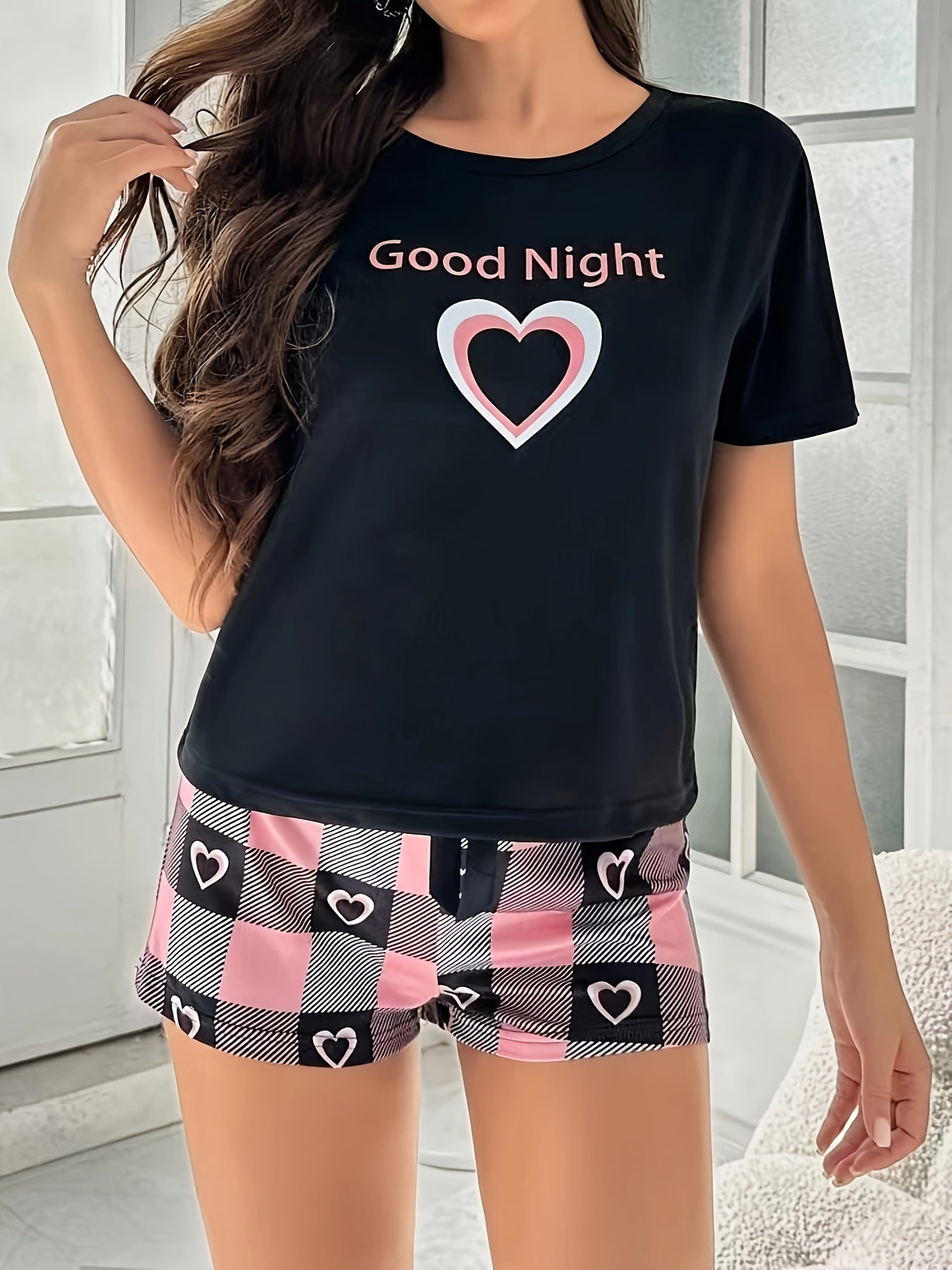 Cozy Heart & Letter Print Pajama Set - Short Sleeve Round Neck Top & Plaid Shorts - Womens Soft, Stylish Sleep & Loungewear for Nighttime Comfort and Relaxation - Mammalook