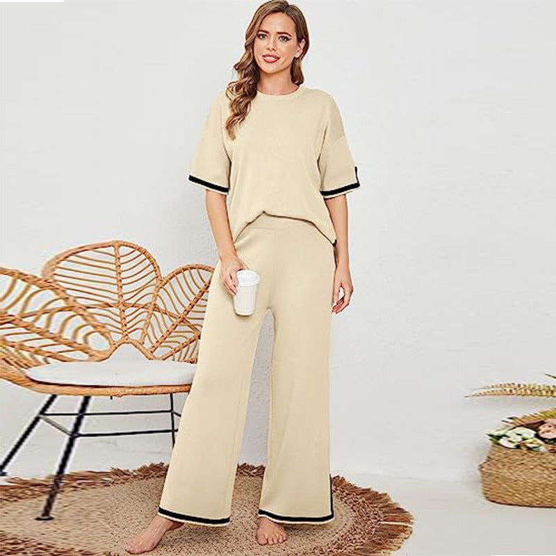 New summer knitted suit sweater suit short-sleeved pullover wide-leg pants - Mammalook