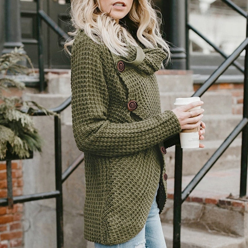 Women Turtleneck Knitted Sweaters Autumn Winter Solid Irregular Hem Long Sleeve Pullover Jumper Fashion Button Loose Sweater - Mammalook